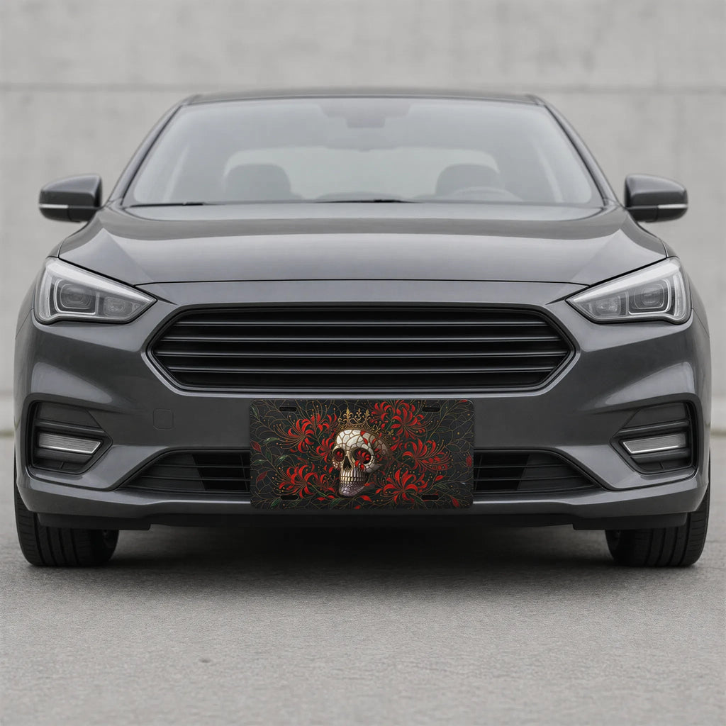 Skull Crown Red Flowers Vanity Plate - Road Muse