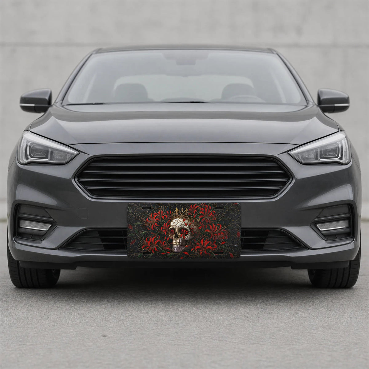Skull Crown Red Flowers Vanity Plate - Road Muse