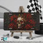 Skull Crown Red Flowers Vanity Plate - Road Muse