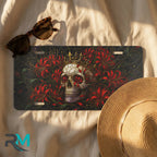 Skull Crown Red Flowers Vanity Plate - Road Muse