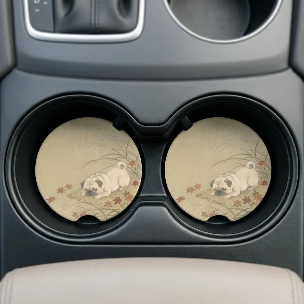 Sleeping Pug Autumn Car Coasters Set - Road Muse