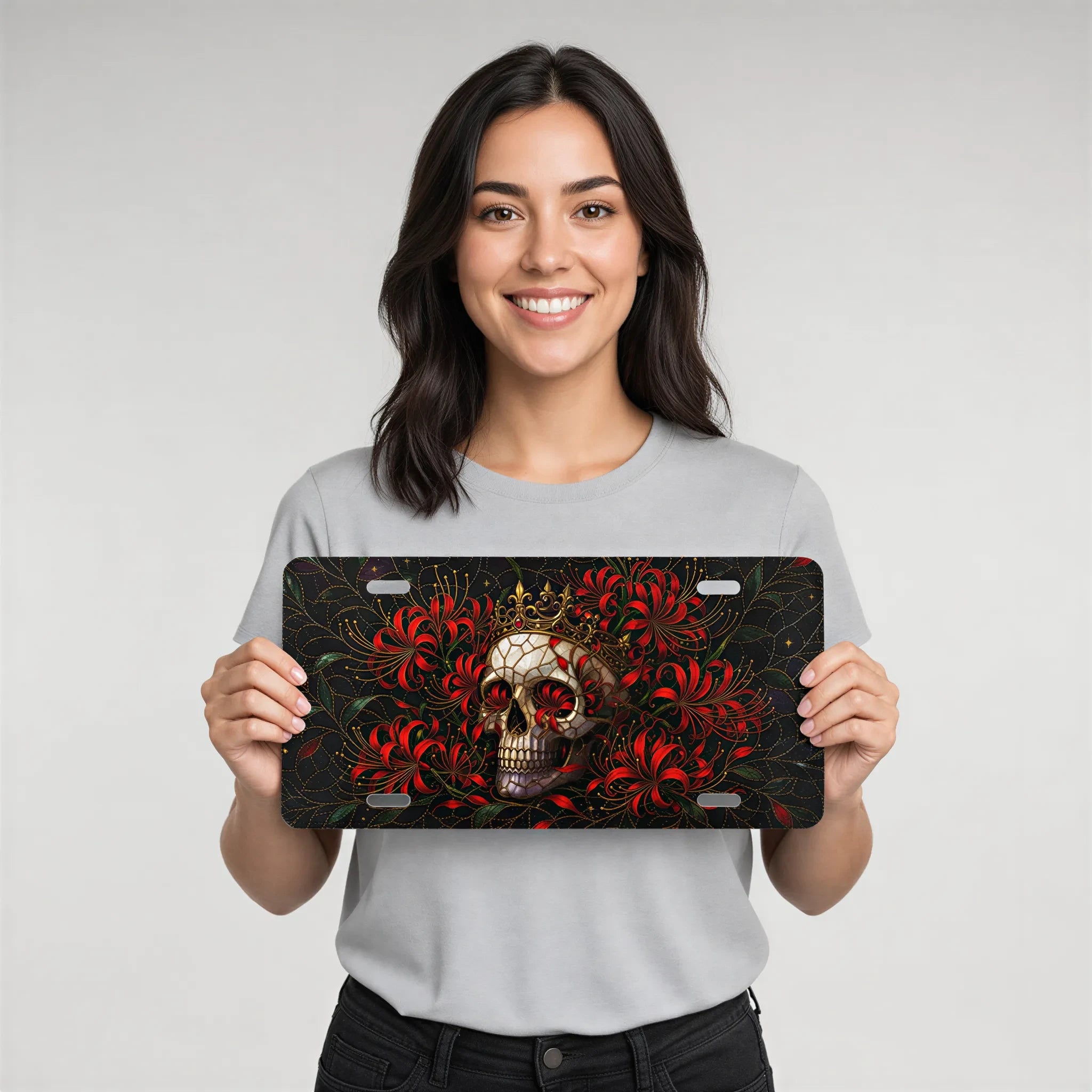 Skull Crown Red Flowers Vanity Plate