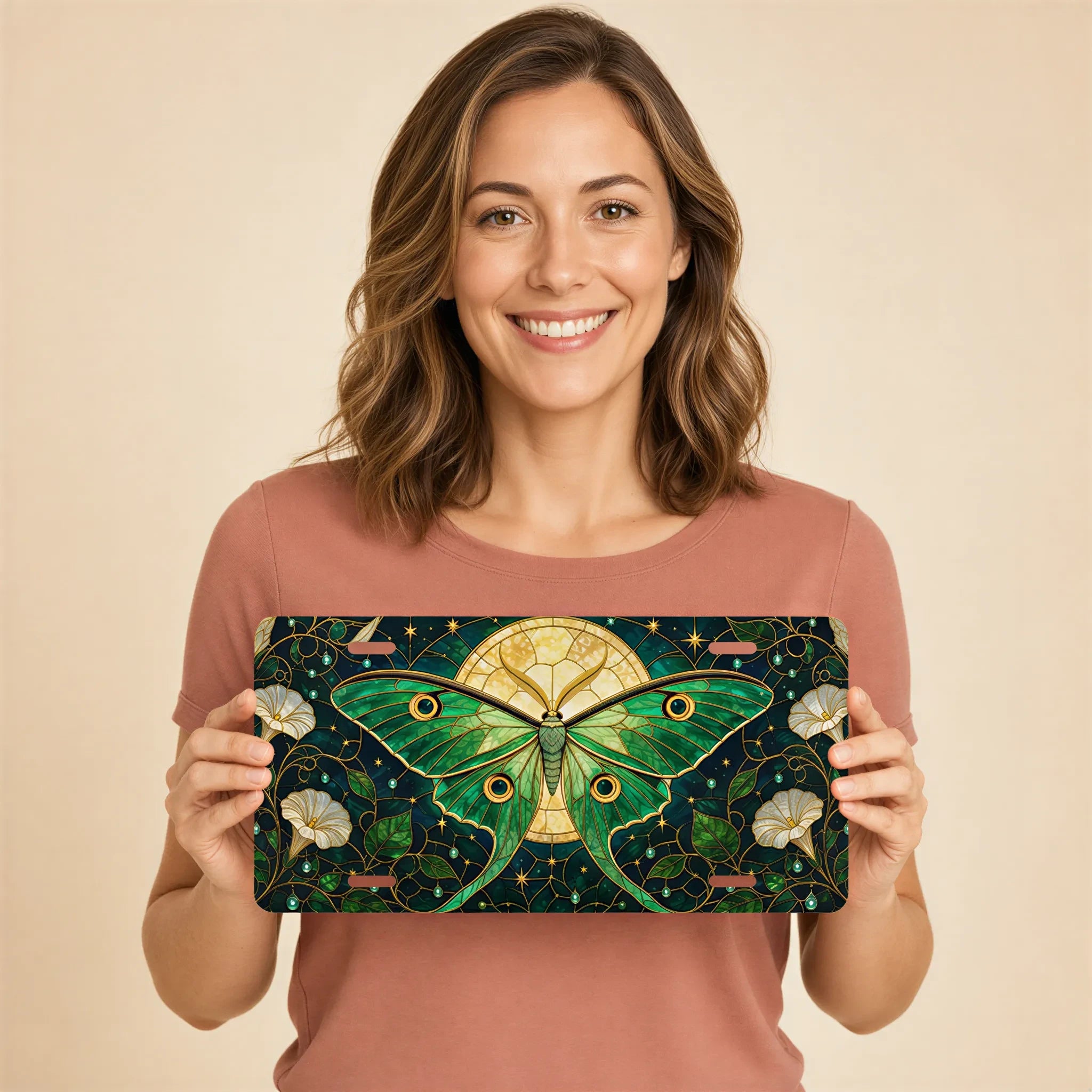 Green Luna Moth Stained Glass Vanity Plate