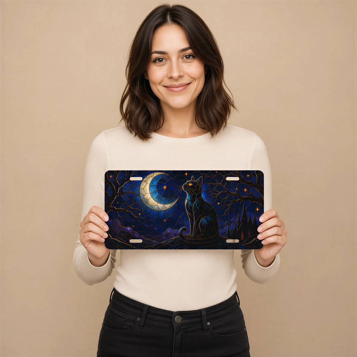 Moonlit Black Cat Crescent Moon Vanity Plate