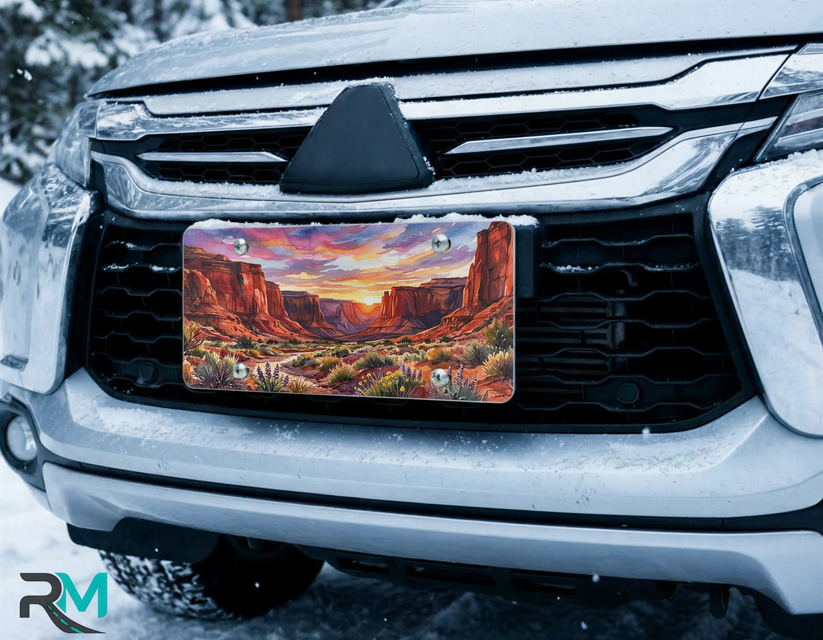 scenic front license plate on car in snowy landscape — southwestern canyon design