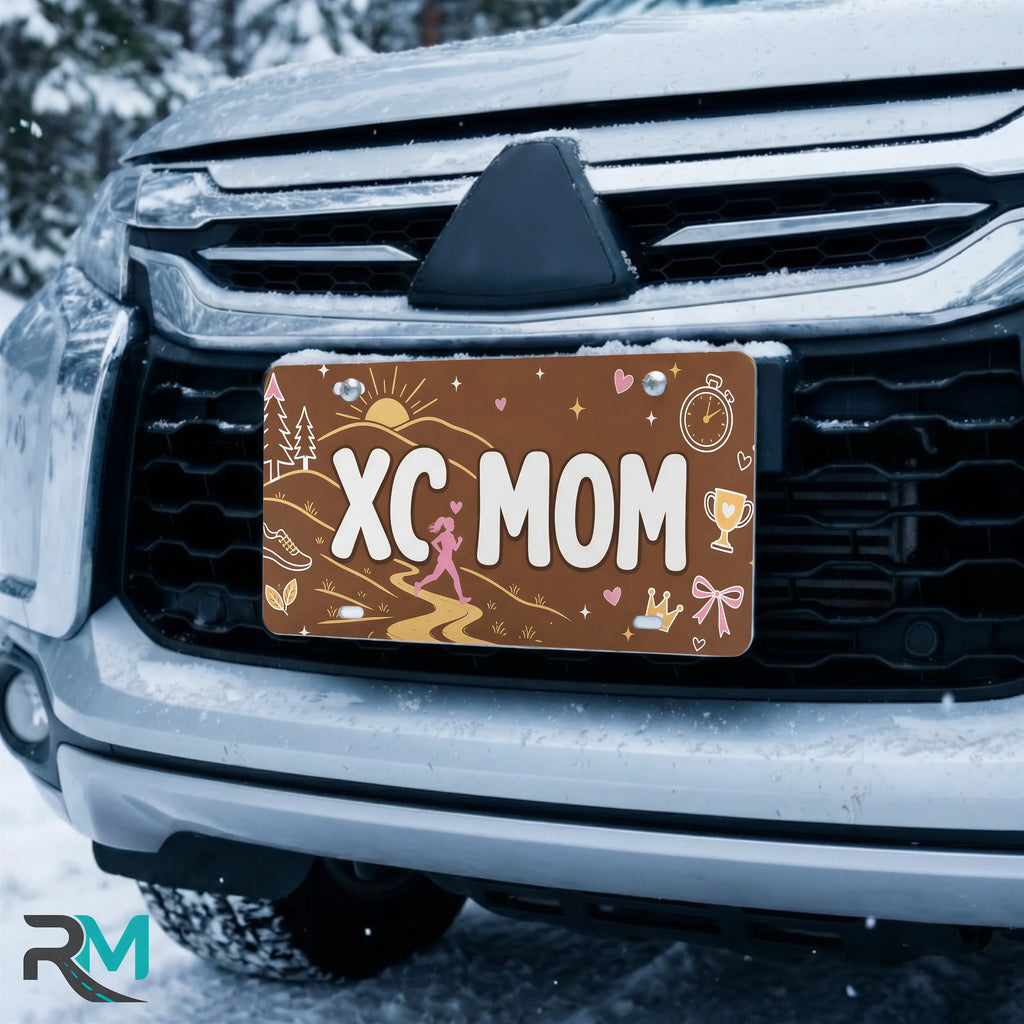 xc mom license plate on car in snowy setting — earthy sunrise trail cross country design