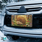 woodland hedgehog vanity plate on car in snowy setting — golden green hedgehog mushroom design
