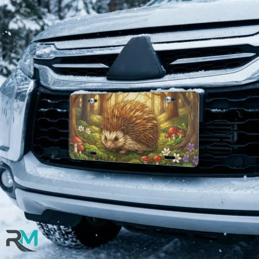 woodland hedgehog vanity plate on car in snowy setting — golden green hedgehog mushroom design