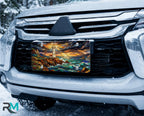 lighthouse seascape vanity plate on car in snowy setting — vivid coastal blue lighthouse crashing waves design