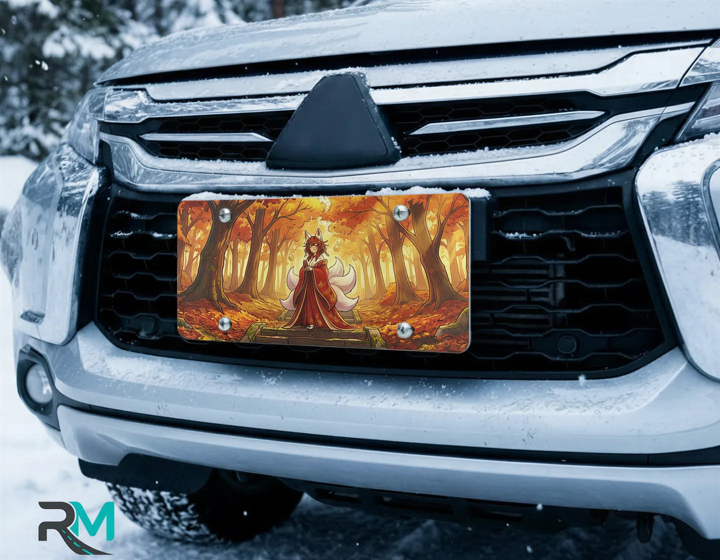 autumn fox spirit vanity plate on car in snowy setting — warm red gold kitsune autumn forest design