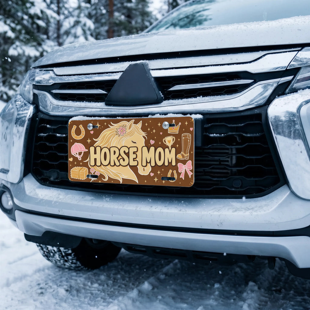 horse mom license plate on car in snowy setting — warm brown cream blush equestrian design