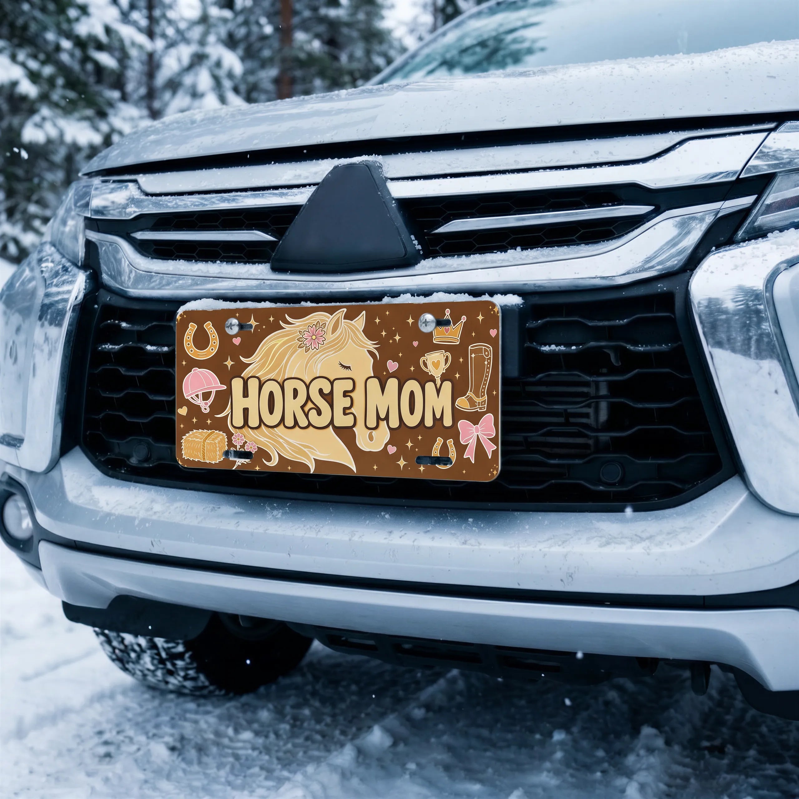 horse mom license plate on car in snowy setting — warm brown cream blush equestrian design