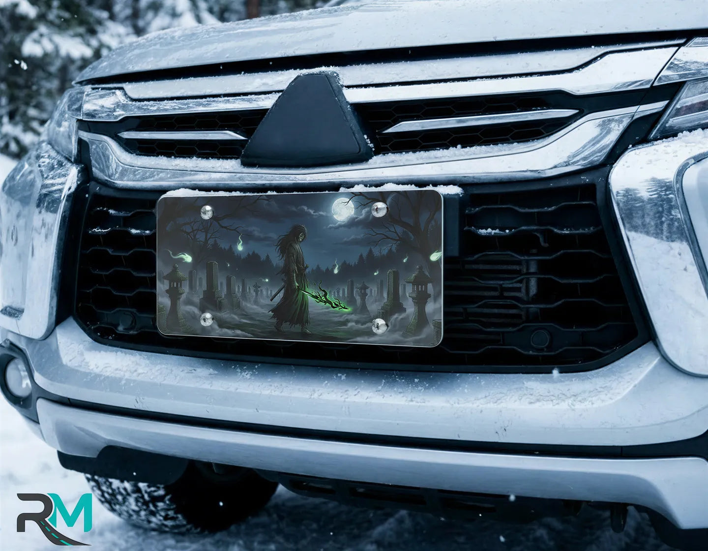 grim reaper vanity plate on car in snowy setting — deep blue reaper spectral green graveyard design