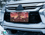 samurai girl vanity plate on car in snowy setting — warm sunset pink sakura warrior design