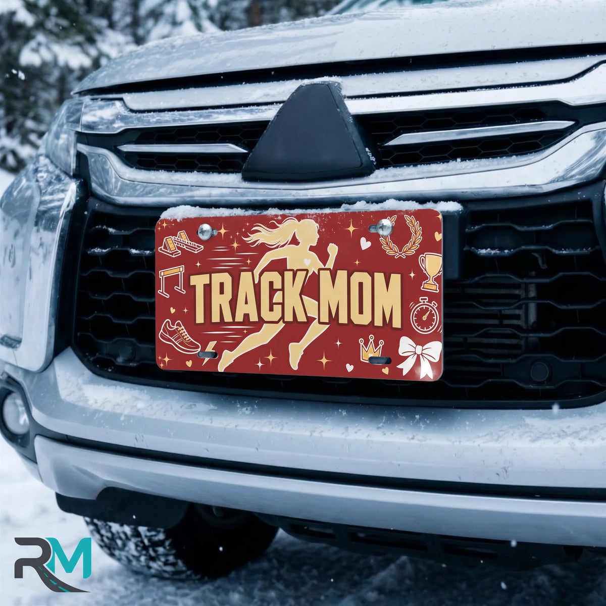 track mom license plate on car in snowy setting — runner silhouette track sports design