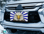 eagle license plate on car in snowy setting — patriotic stained glass bald eagle design