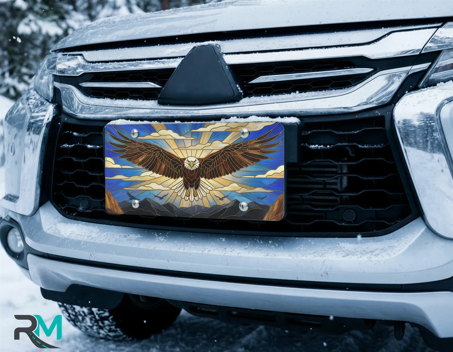 eagle license plate on car in snowy setting — stained glass soaring cobalt gold eagle design