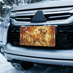golden retriever vanity plate on car in snowy setting — warm amber rust autumn retriever design