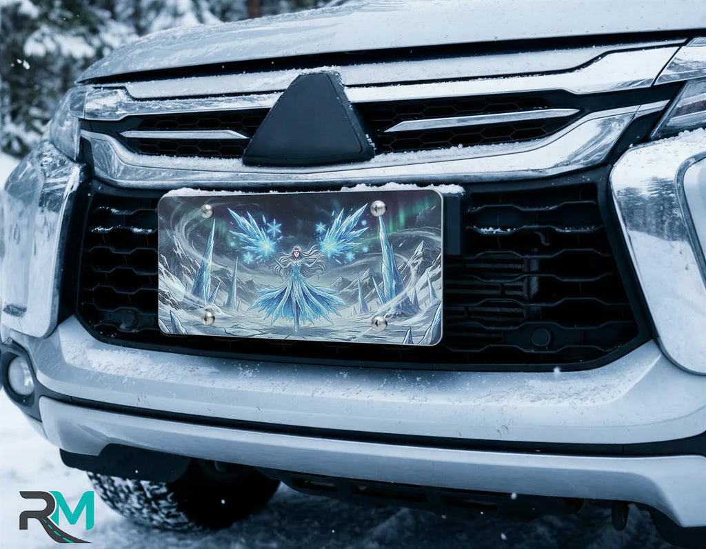 ice sorceress vanity plate on car in snowy setting — luminous ice blue crystalline sorceress frost design