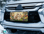 stained glass bunny vanity plate on car in snowy setting — soft pastel rabbit tulip rose design