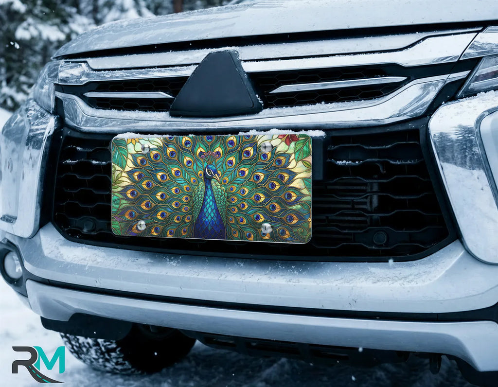 peacock feathers license plate on car in snowy setting — jewel-tone teal emerald gold design