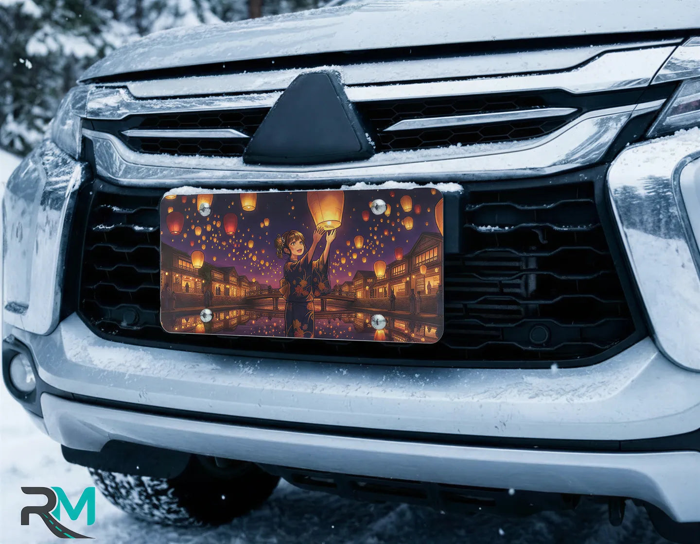 lantern festival vanity plate on car in snowy setting — warm amber twilight canal lantern design