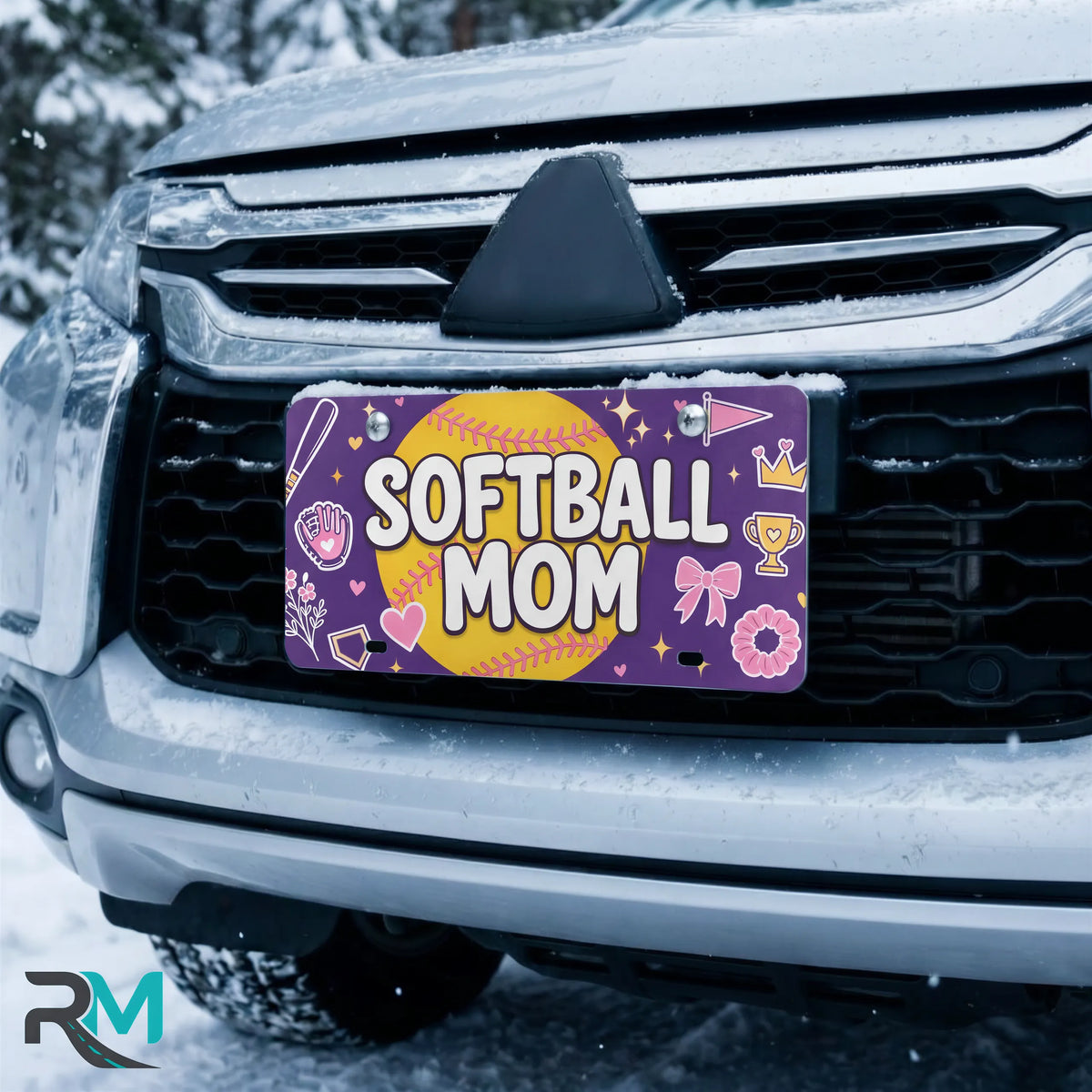 softball mom license plate on car in snowy setting — purple softball bat glove sports design