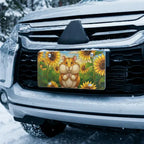 hamster sunflowers vanity plate on car in snowy setting — warm golden hamster sunflower design