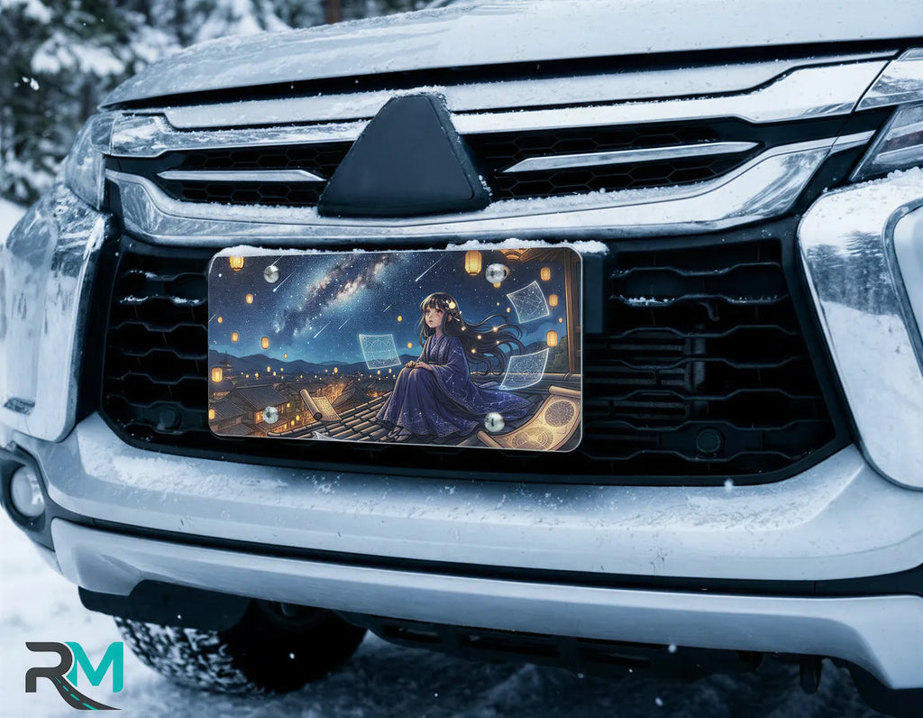 starry night girl vanity plate on car in snowy setting — deep blue night rooftop lanterns starry design