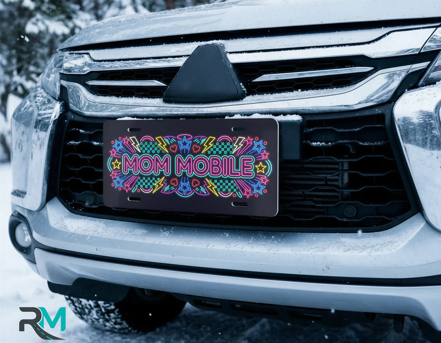mom mobile license plate on car in snowy setting — neon retro pink blue yellow design