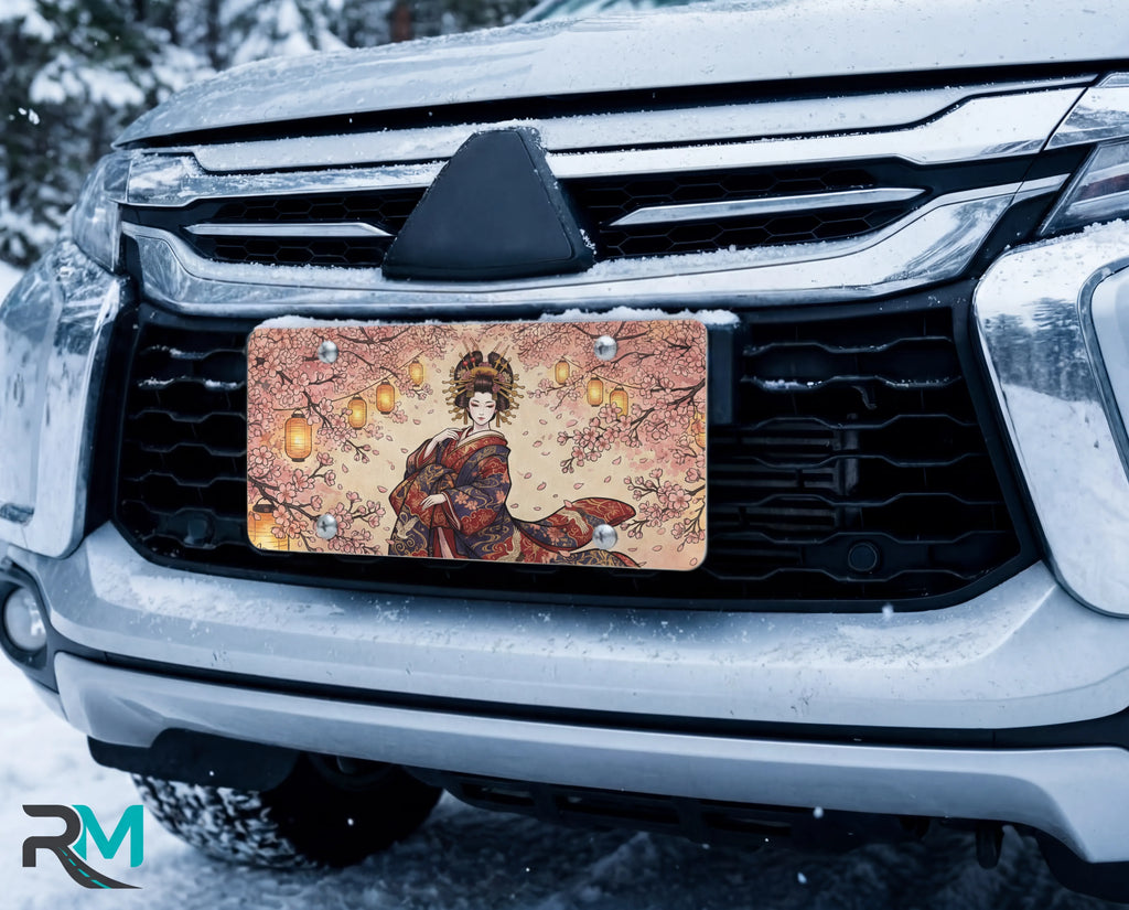 geisha sakura lanterns vanity plate on car in snowy setting — soft pink kimono cherry blossom lanterns design