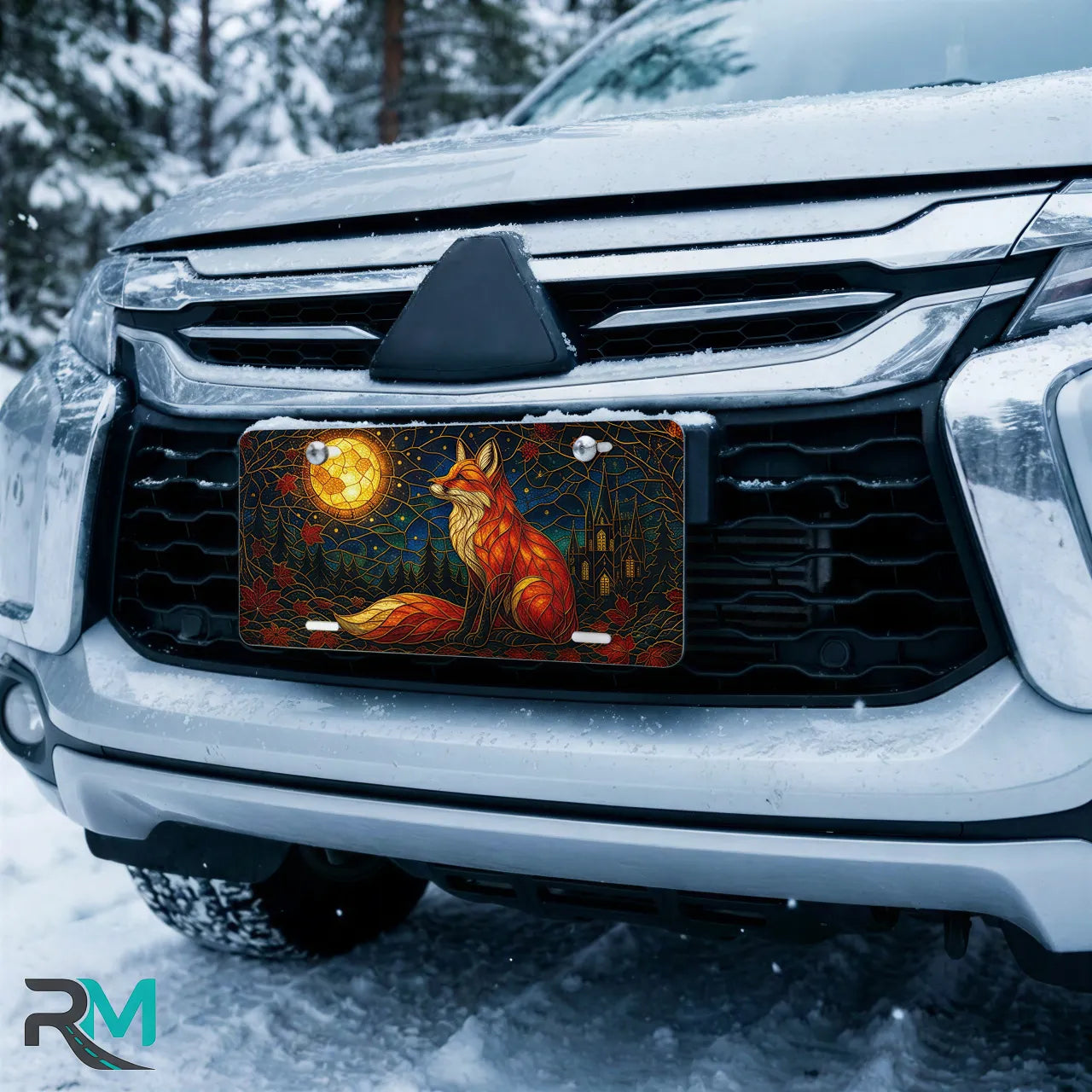 fox moon vanity plate on car in snowy setting — jewel tone fox glowing moon autumn design