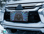 raven portrait license plate on car in snowy setting — jewel-tone blue teal bird design