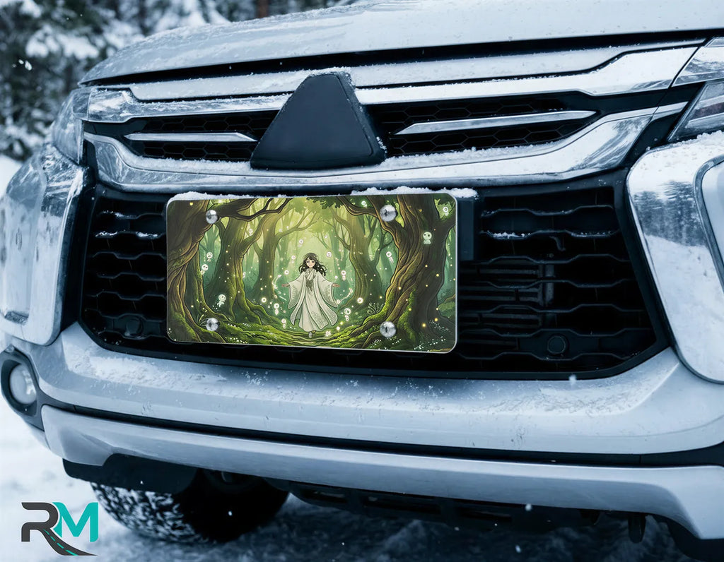 forest spirit vanity plate on car in snowy setting — moonlit glade spirit lights ancient trees design