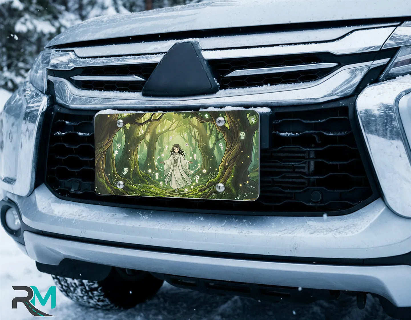 forest spirit vanity plate on car in snowy setting — moonlit glade spirit lights ancient trees design