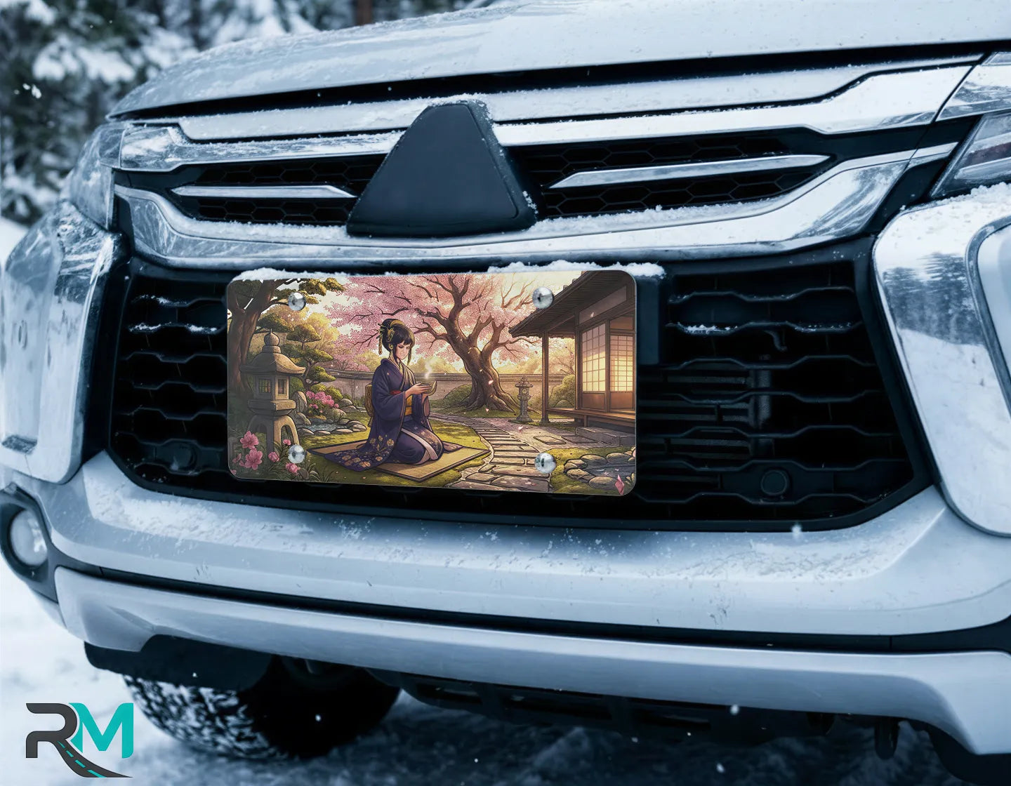 geisha tea ceremony vanity plate on car in snowy setting — soft pink sakura kimono lantern design
