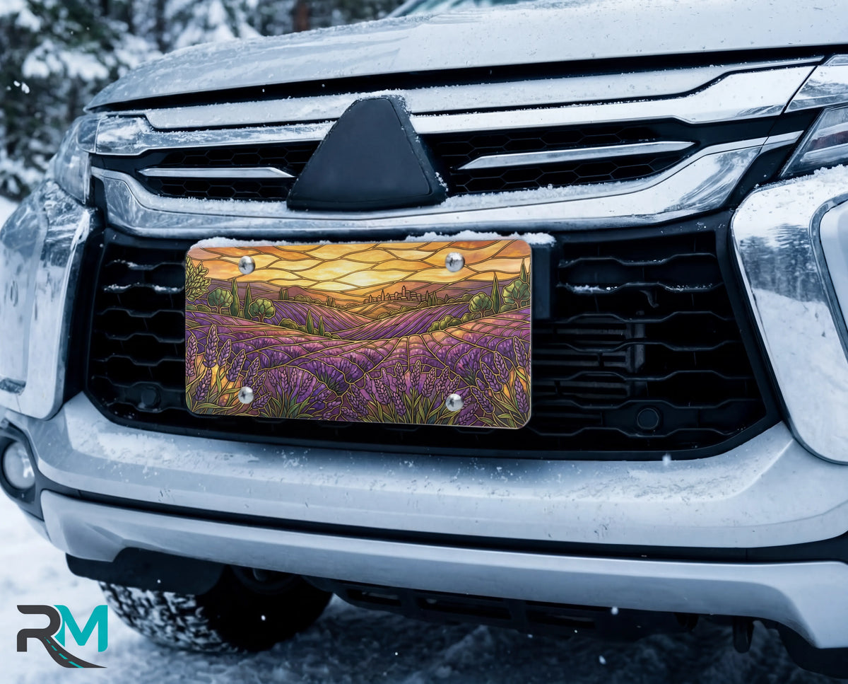 lavender field sunset vanity plate on car in snowy setting — warm gold deep purple lavender sunset design