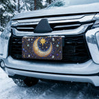 moon star vanity plate on car in snowy setting — deep indigo crescent moon gold stars design