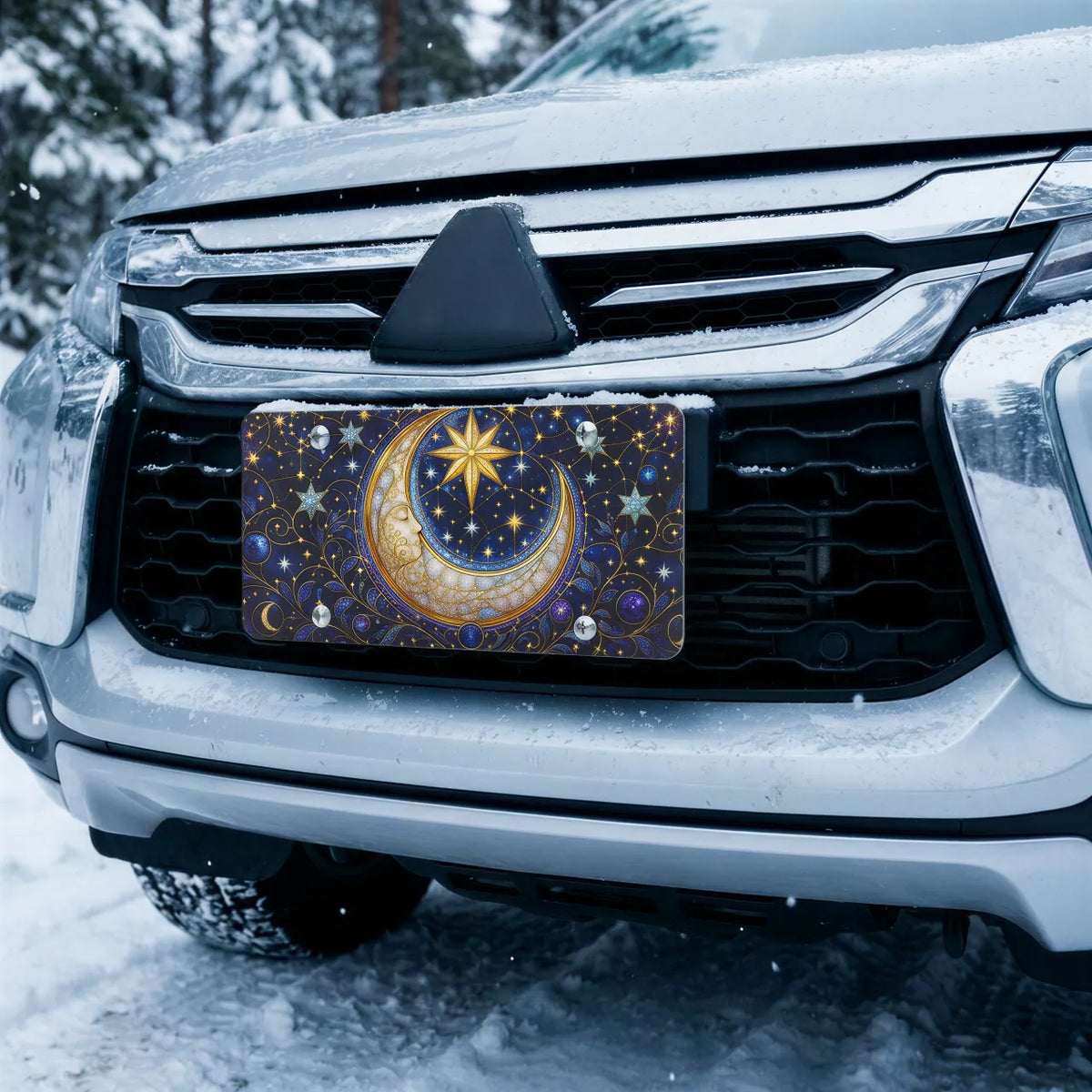 moon star vanity plate on car in snowy setting — deep indigo crescent moon gold stars design
