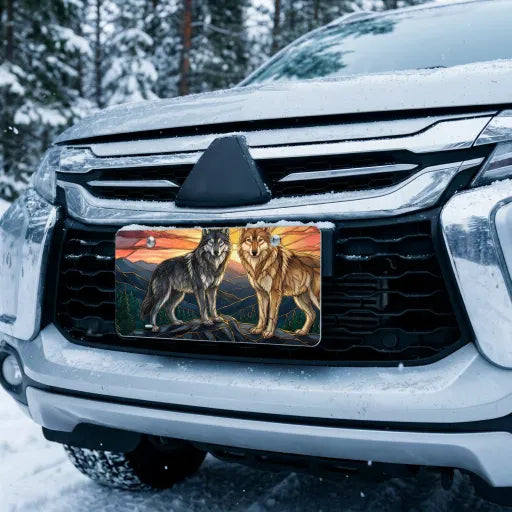 sunset wolves vanity plate on car in snowy setting — jewel tone wolves sunrise mountain design