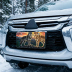 sunset wolves vanity plate on car in snowy setting — jewel tone wolves sunrise mountain design