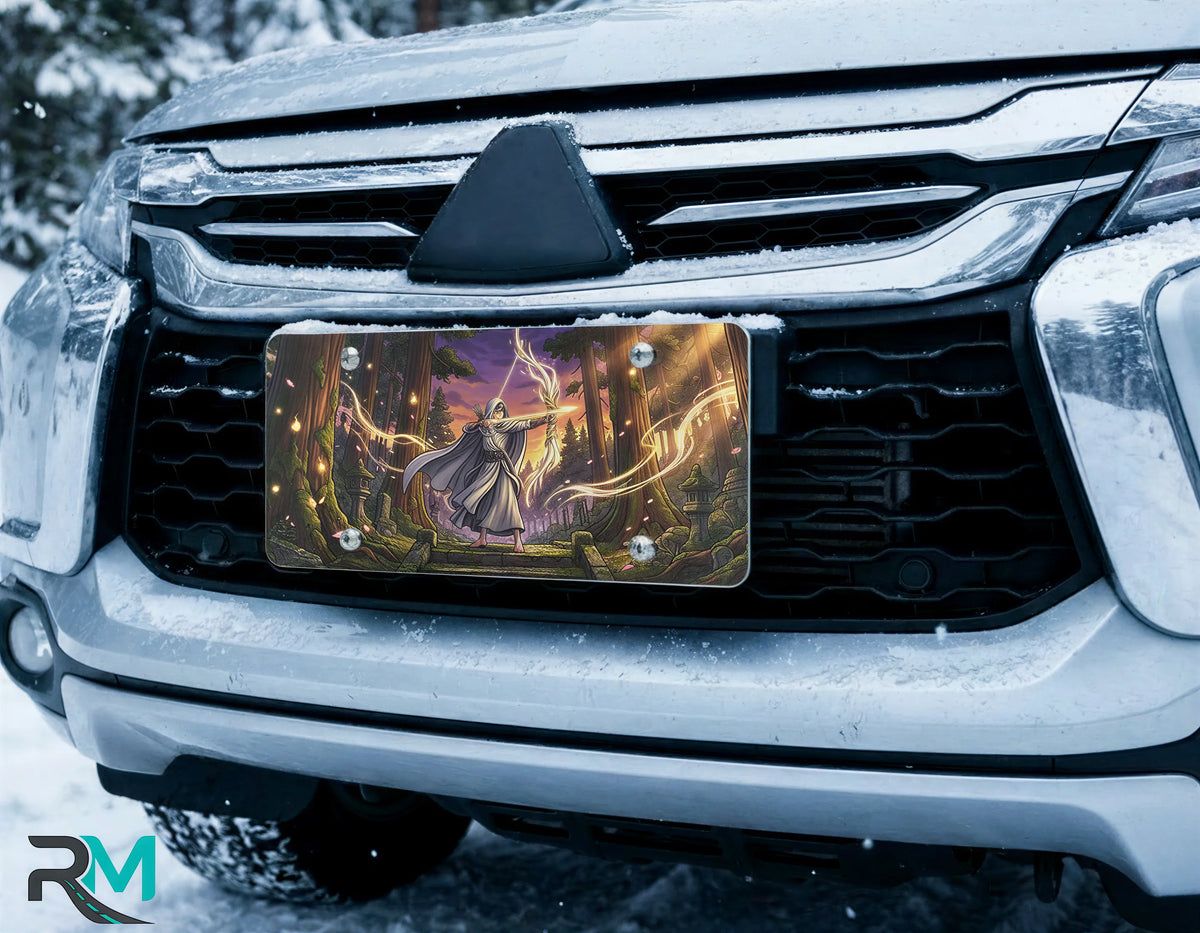 forest wizard vanity plate on car in snowy setting — deep purple gold wizard glowing magic ancient trees design