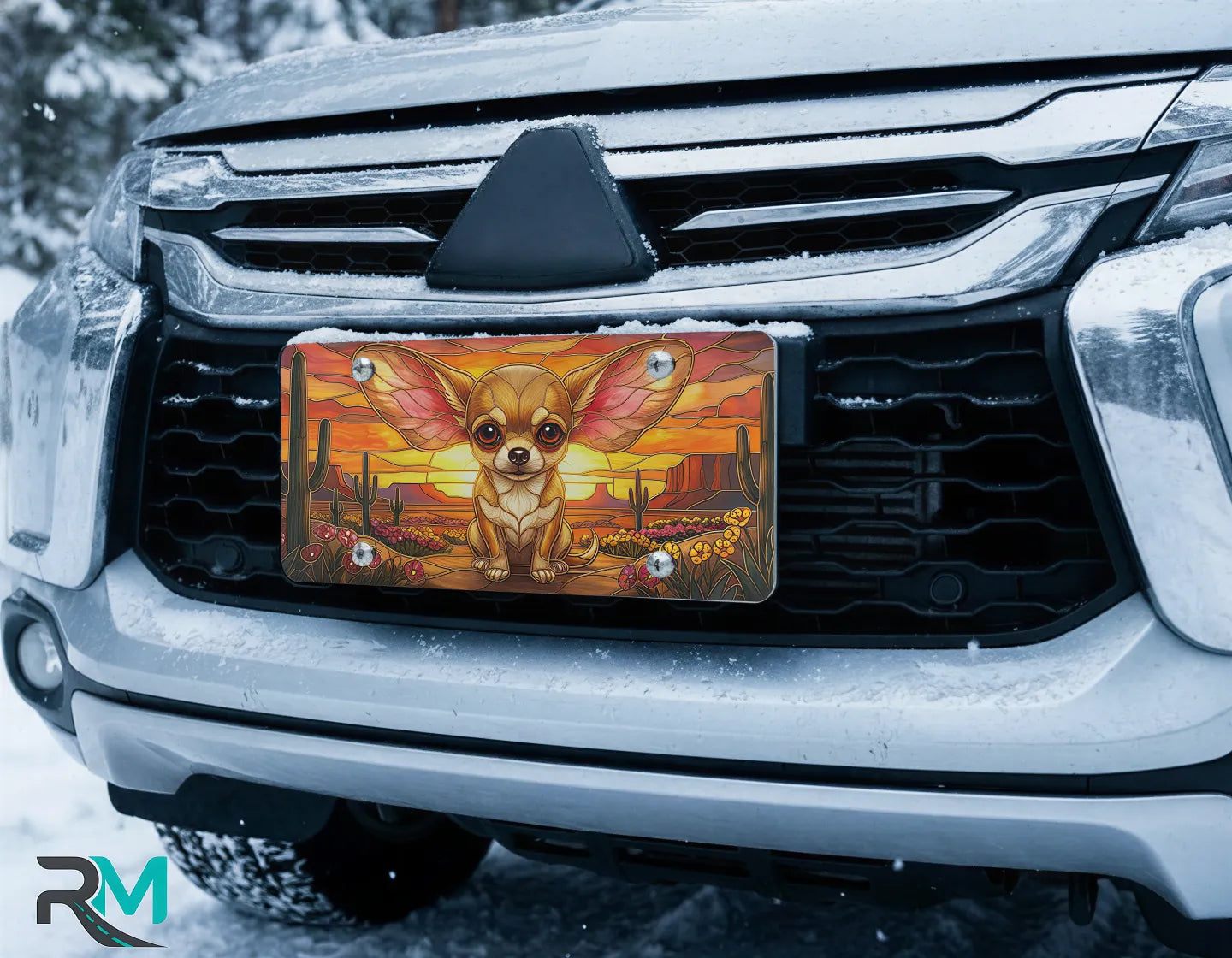chihuahua desert vanity plate on car in snowy setting — golden chihuahua desert sunset design