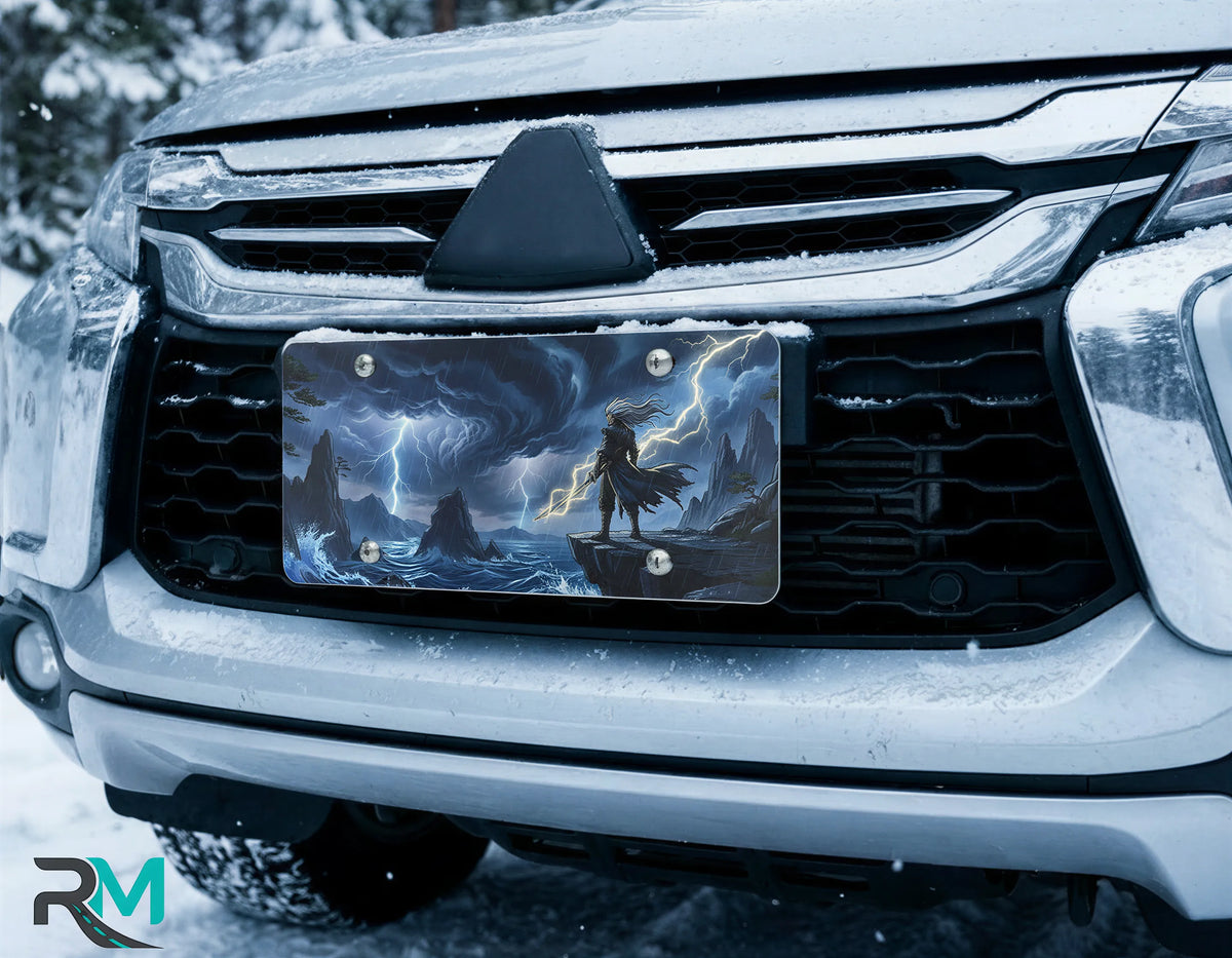 storm sorcerer vanity plate on car in snowy setting — electric blue storm coastline lightning mage design