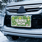tennis mom license plate on car in snowy setting — green tennis racket ball sports design