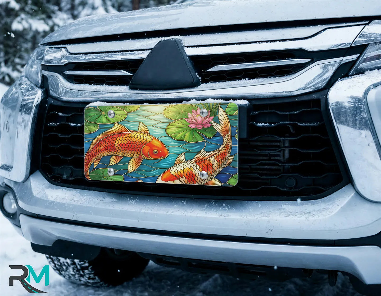 koi pond license plate on car in snowy setting — Japanese water garden koi fish design