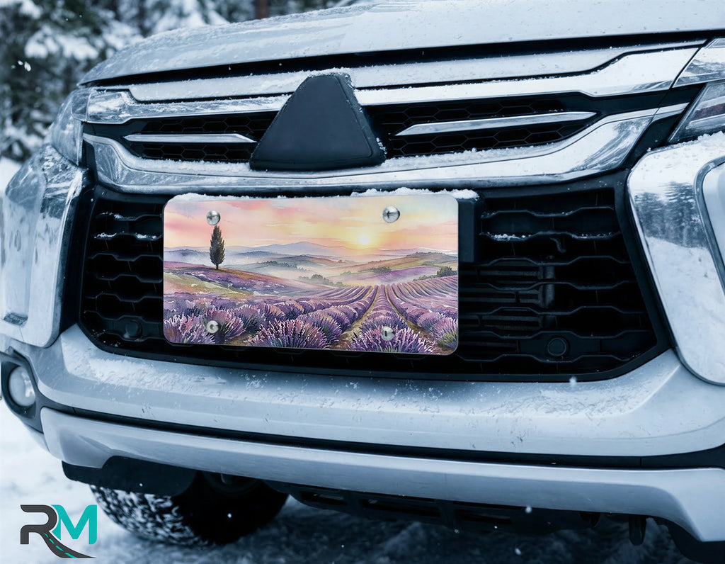scenic front license plate on car in snowy setting — lavender field watercolor design