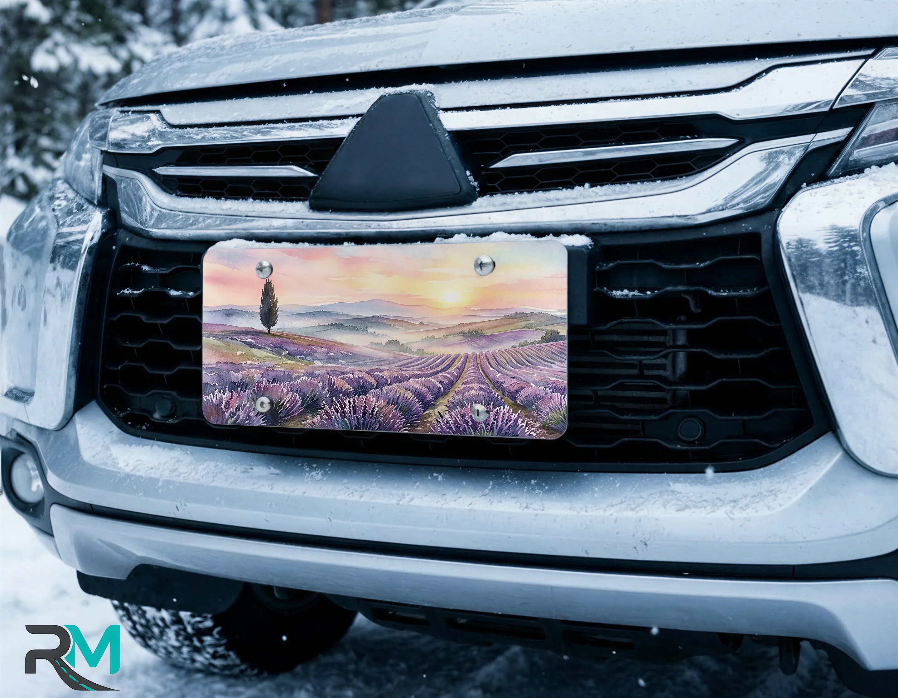 scenic front license plate on car in snowy setting — lavender field watercolor design