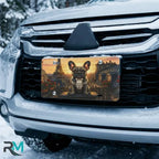 french bulldog paris vanity plate on car in snowy setting — sunset Eiffel Tower rooftop design