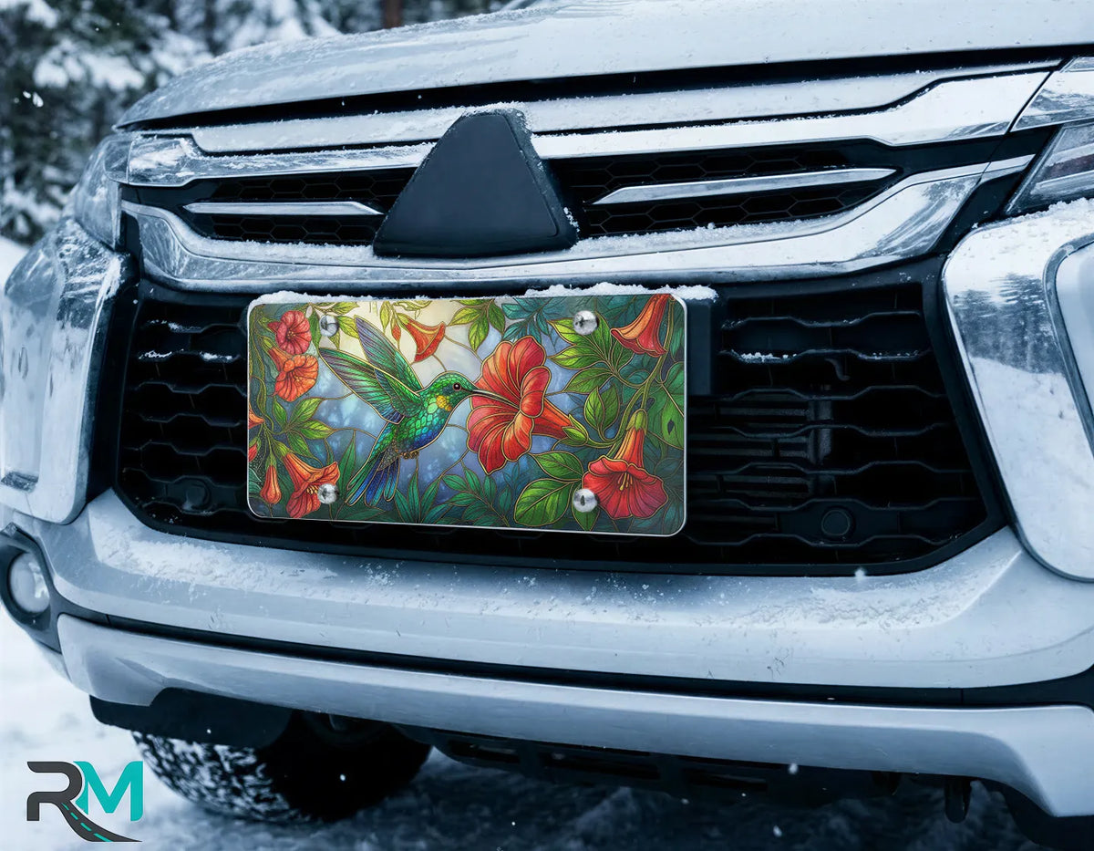 hummingbird hibiscus license plate on car in snowy setting — vivid tropical red emerald design